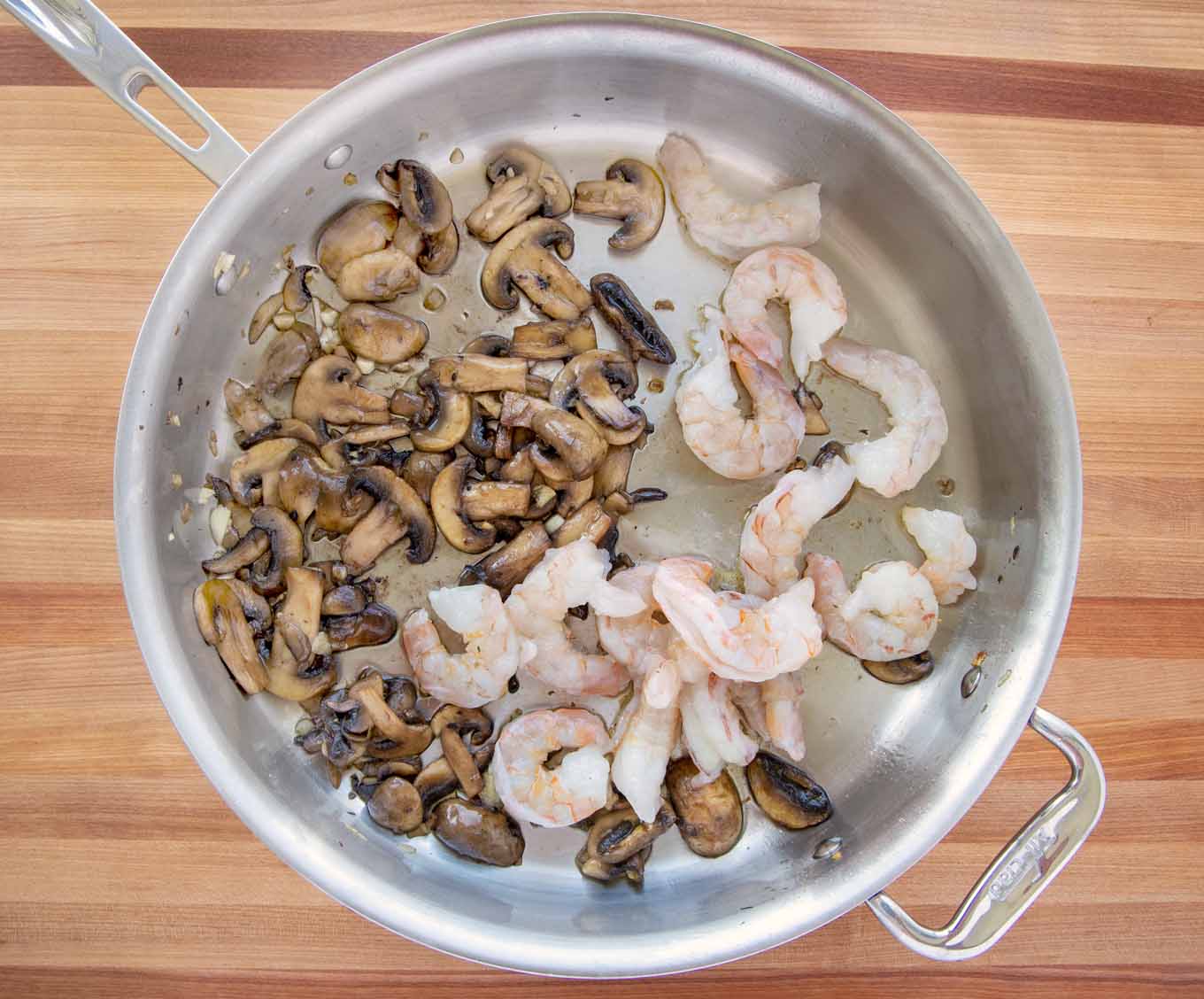 mushrooms and shrimp in saute pan