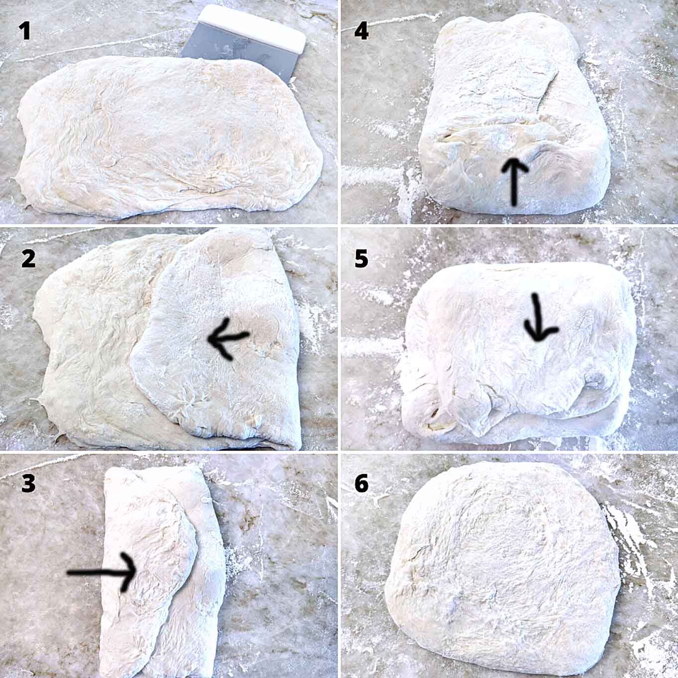 6 step by step pictures showing the process of folding the bread dough