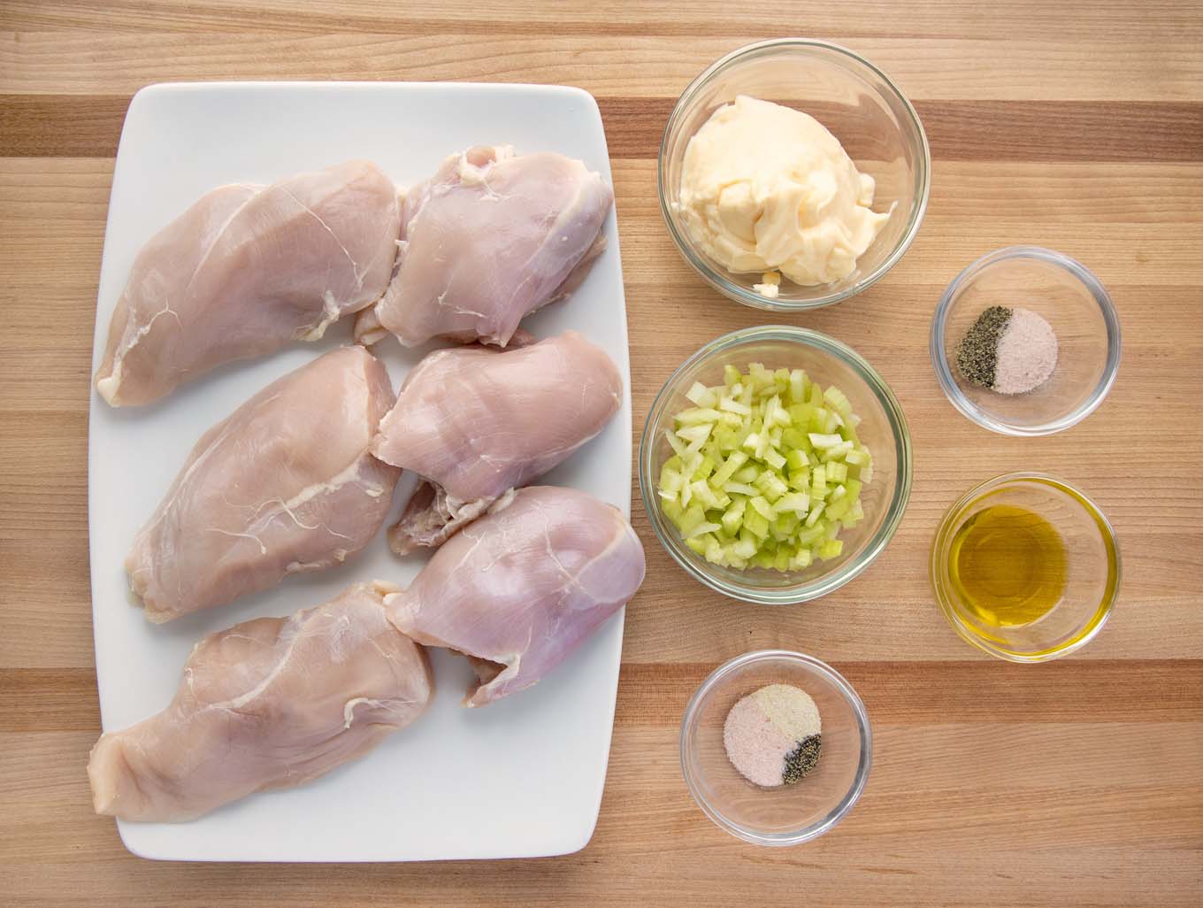overhead view of ingredients to make chicken salad.