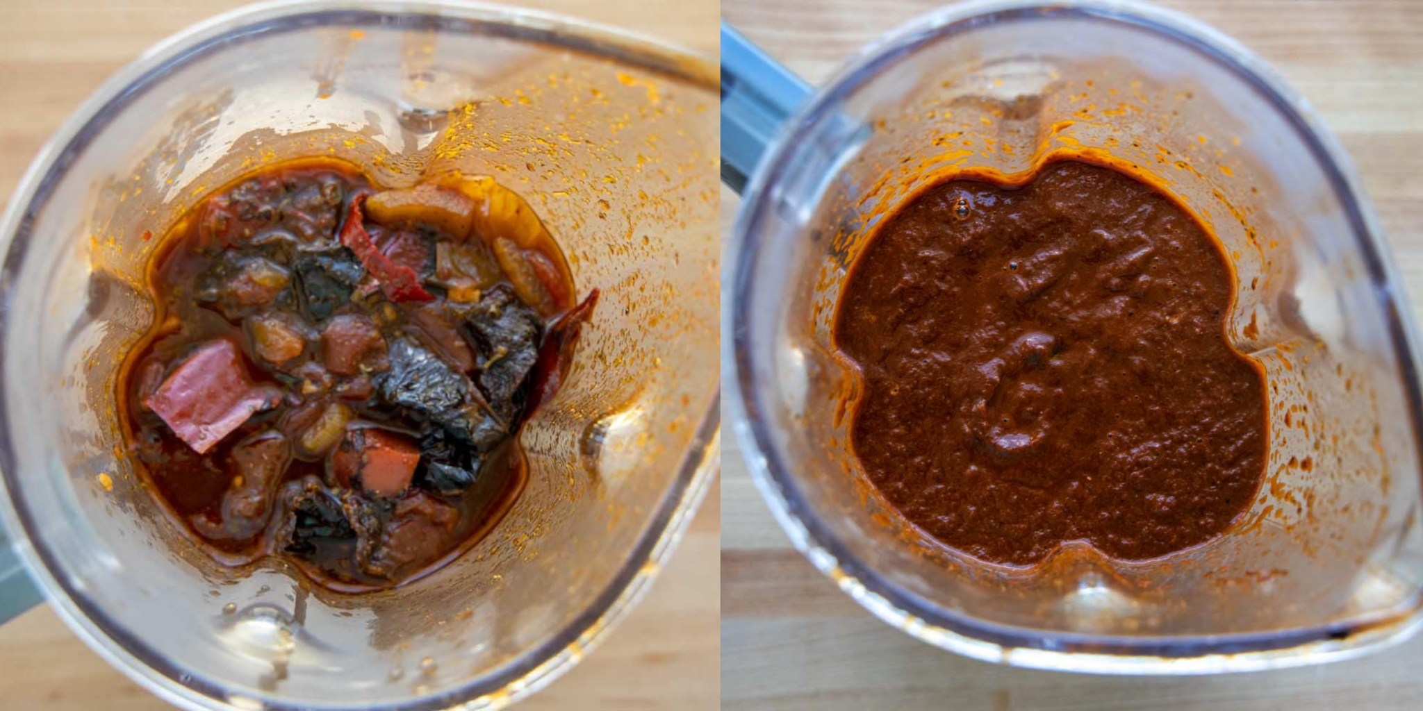 2 images one of the chili sauce ingredients in a blender and one of the fully blended ingredients in the blender