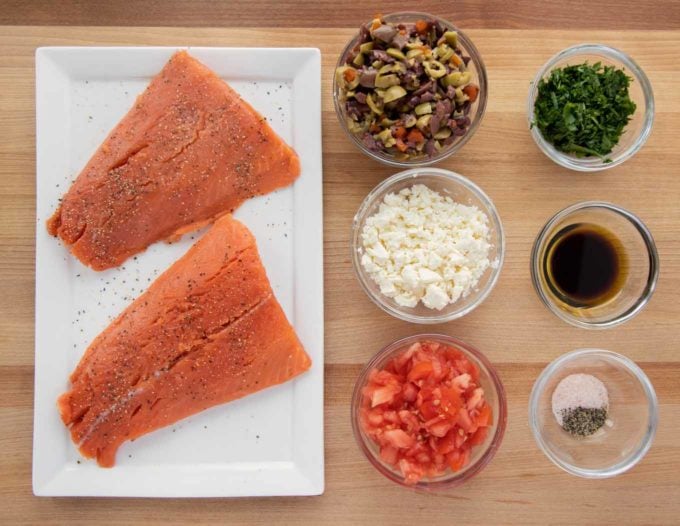 ingredients to make Mediterranean style salmon