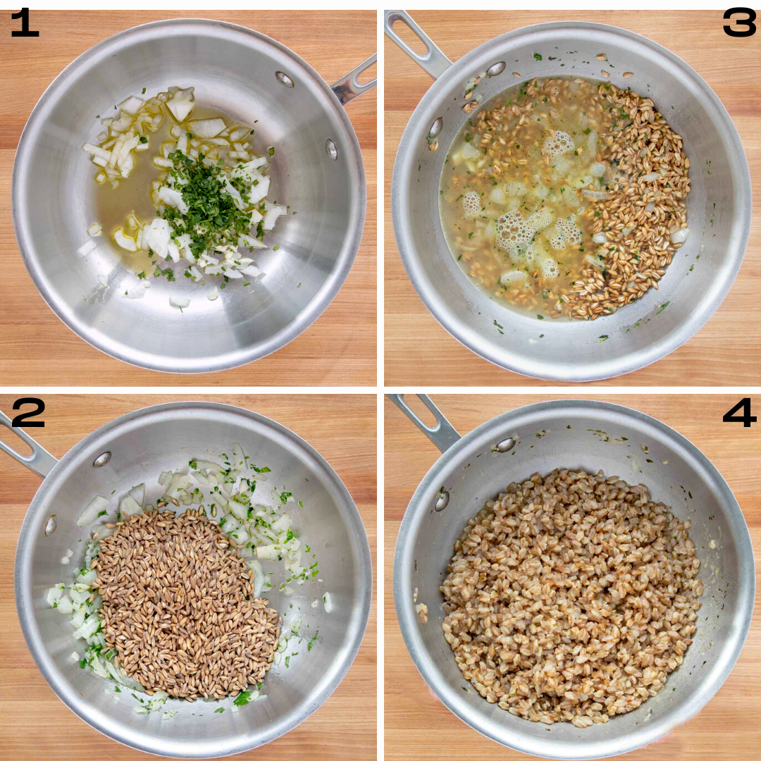 collage of steps to prepare the farro in a saute pan