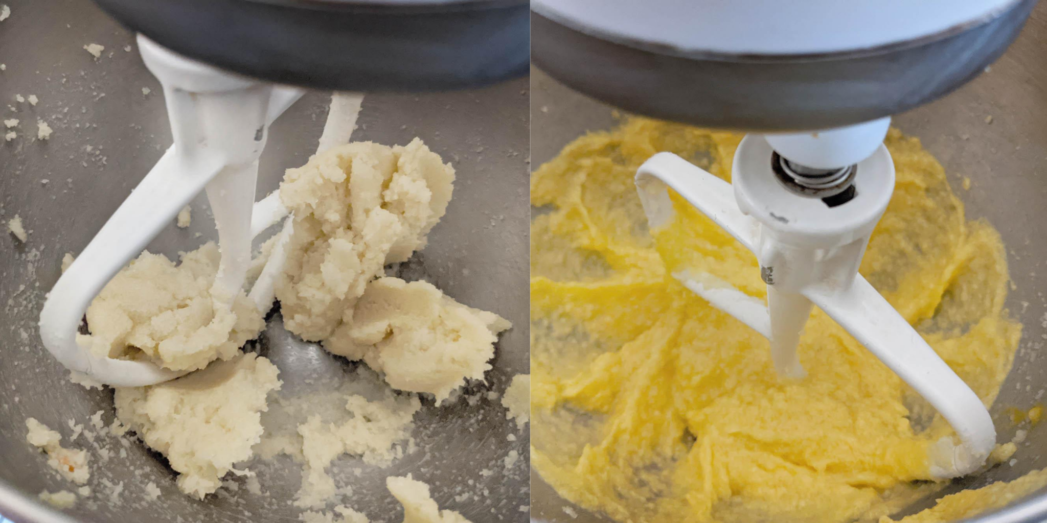 collage of steps creaming the butter and sugar in a stand mixer, then adding the eggs