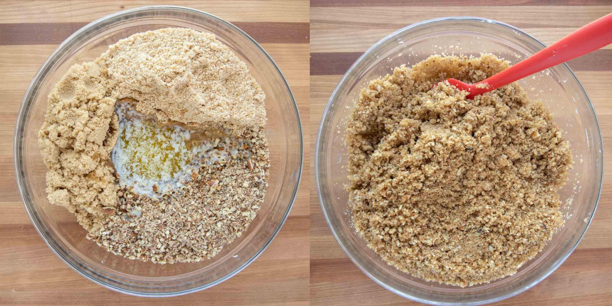 2 images of crunch for cake, one of ingredients in a bowl, the other of the crunch topping with a red spatula