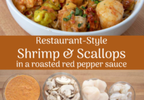 pinterest image for shrimp and scallops in a roasted red pepper sauce