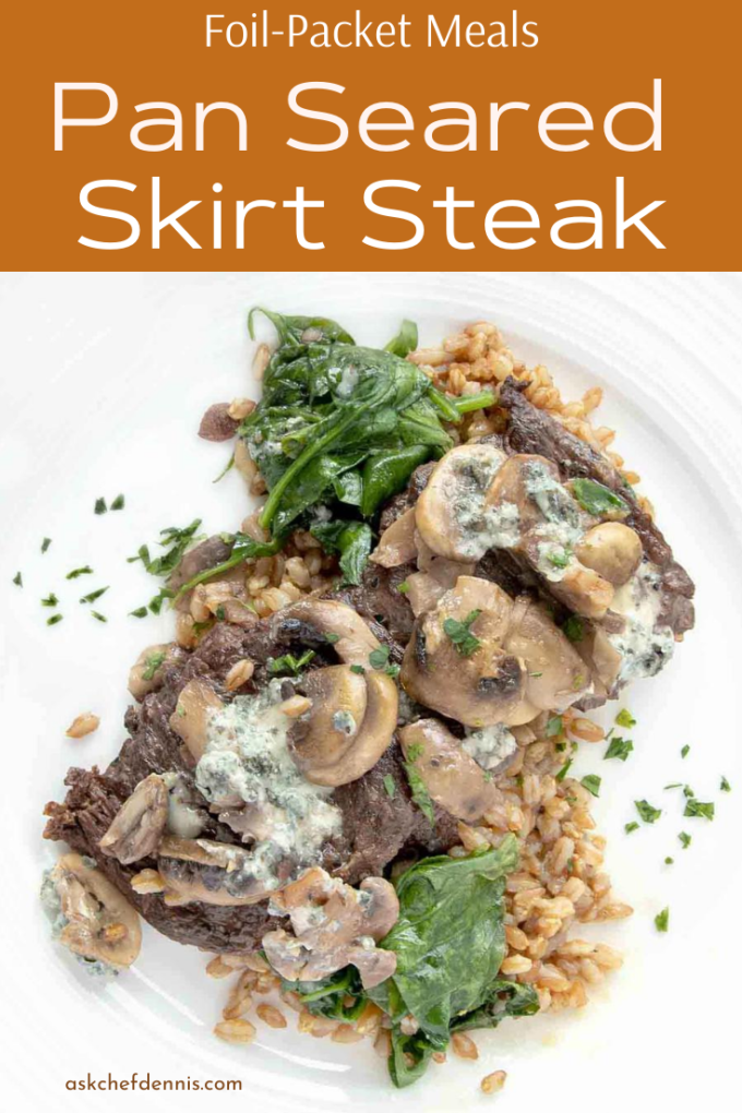 pinterest image for pan seared skirt steak
