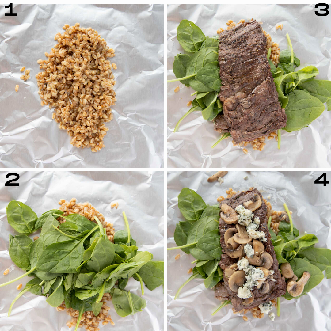 collage showing the process of making the seared skirt steak foil packets