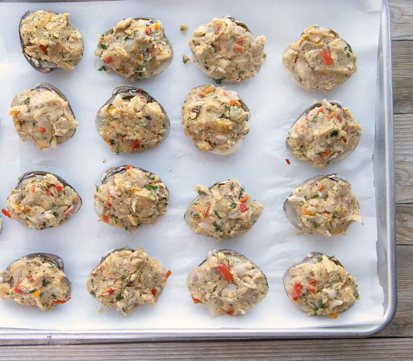 stuffed clams on a sheet pan