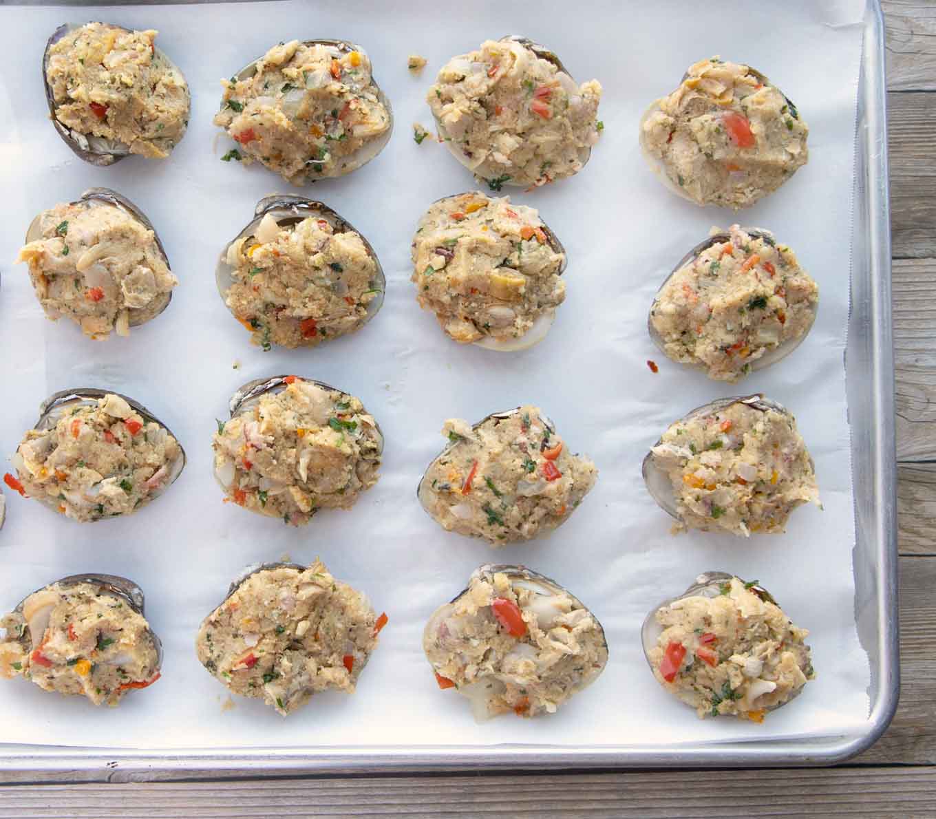 stuffed clams on a sheet pan