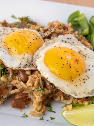 cowboy fried rice with fried eggs on top