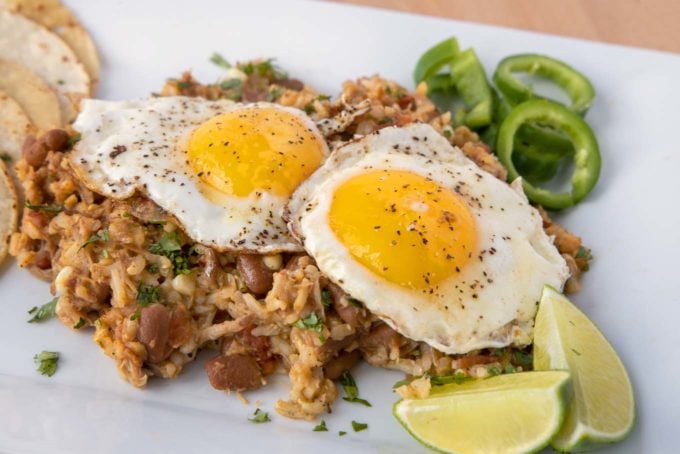 cowboy fried rice with fried eggs on top