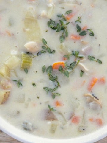 new england clam chowder in a white bowl