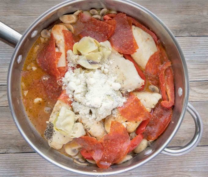 ingredients being added to a pan to make chicken pepperoni