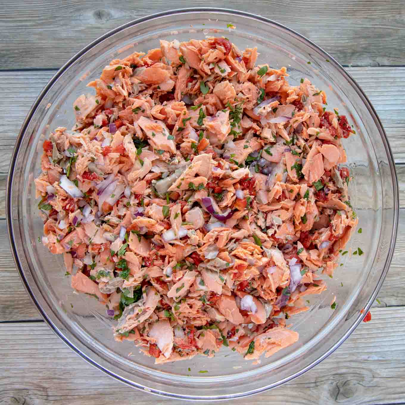 Ingredients mixed together in glass bowl