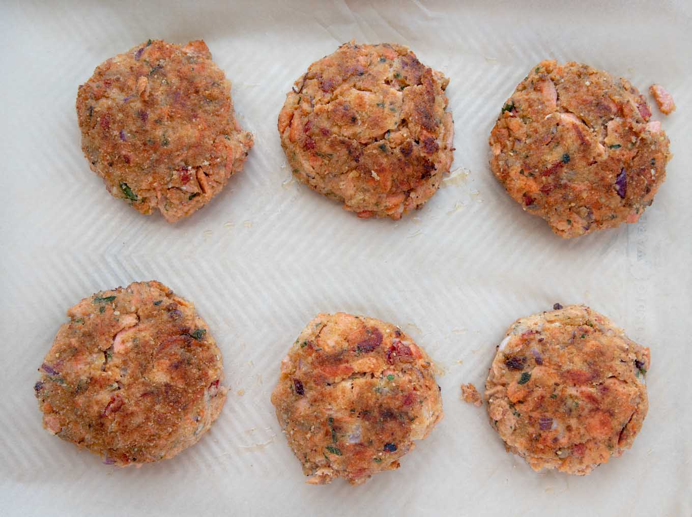 sauteed salmon cakes on sheet pan