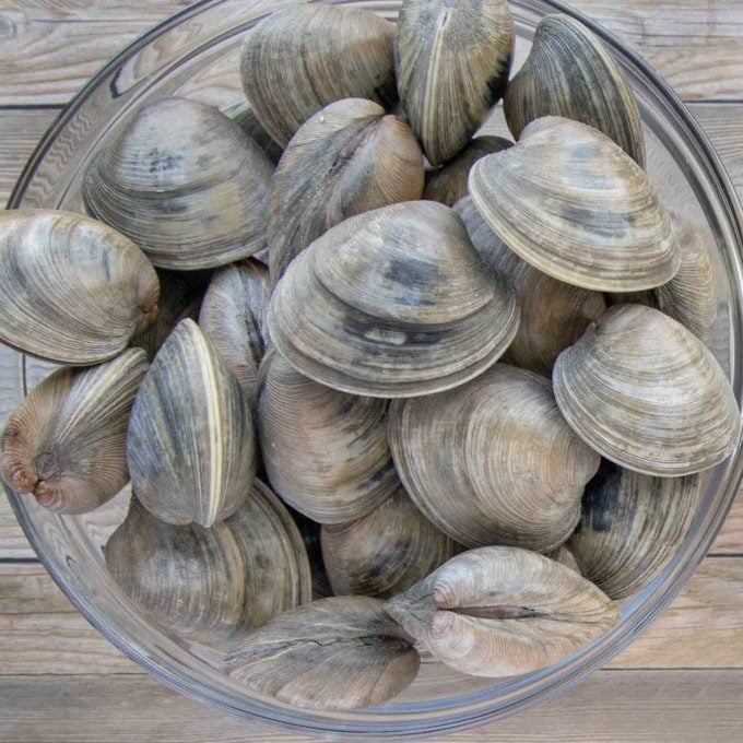 top neck clams in a glass bowl