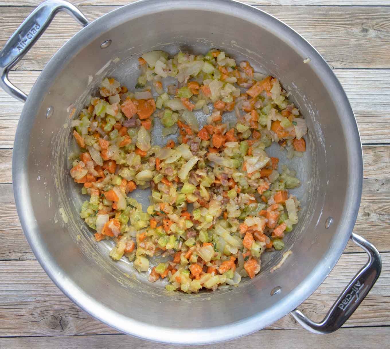 vegetables and bacon with flour added to make roux