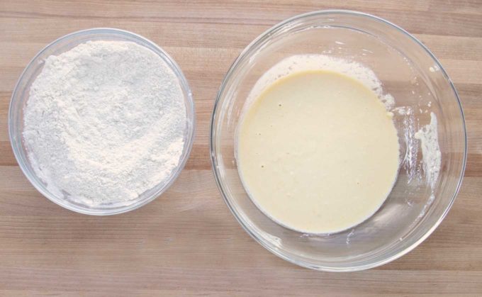 one bowl of flour mixture and one of egg mixture
