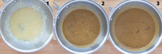 3 images showing how to make the lamb pan gravy