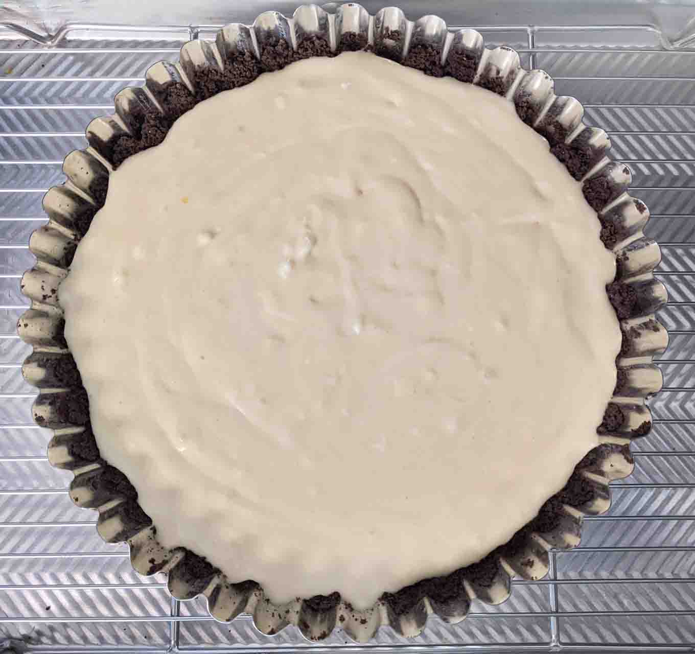 unbaked cheesecake in chocolate crust