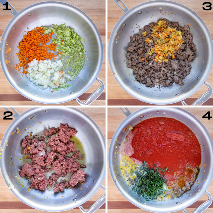 four step by step pictures of how to make impossible burrger bolognese sauce
