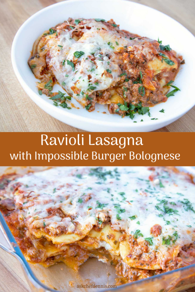 Pinterest image for ravioli lasagna with impossible burger bolognese