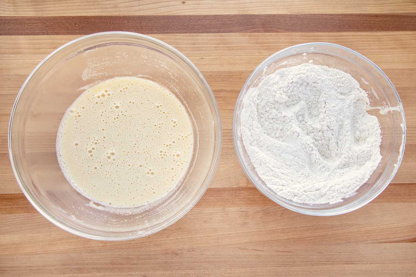 egg mixture and flour mixture in glass bowls