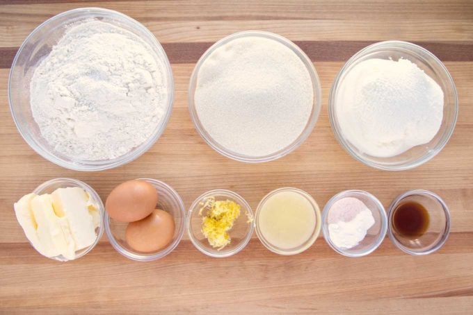 ingredients to make meyer lemon ricotta cookies in glass bowls