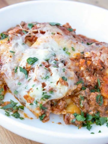 serving of ravioli lasagna in a white bowl