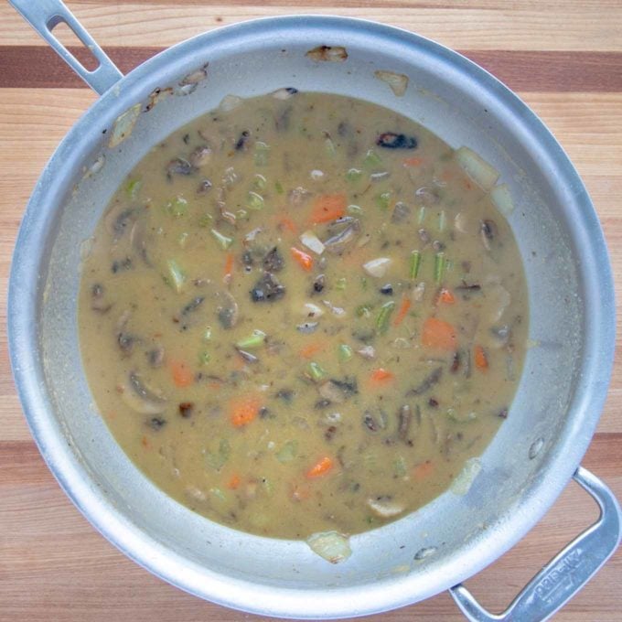 stock added to vegetables to make stew broth.