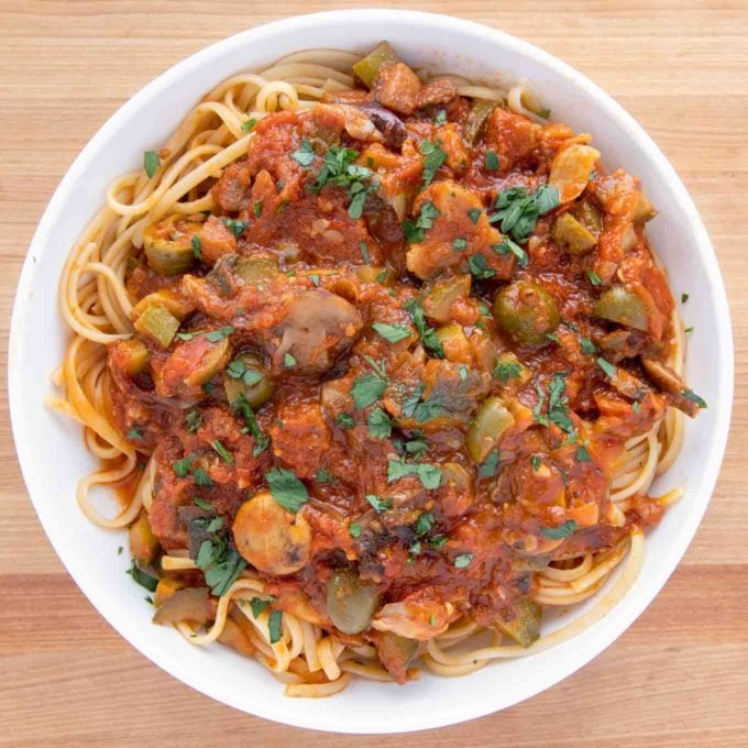 overhead view of vegetarian pasta in a white bowl