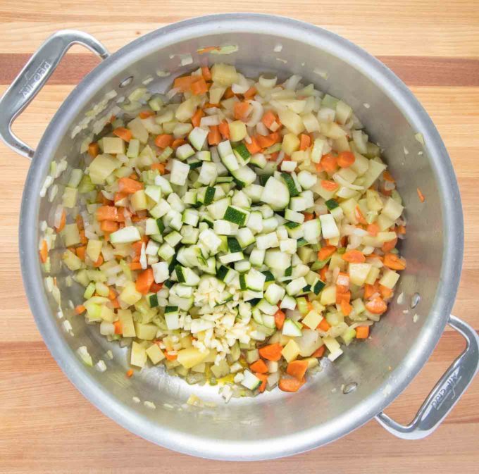 cut soup vegetables in a large pot