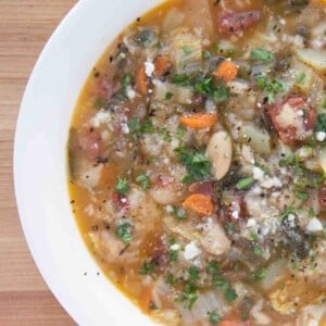Tuscan bread soup in a white bowl