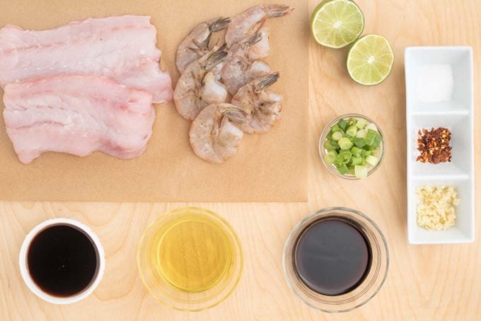 ingredients to make marinated grilled alaskan rockfish and shrimp