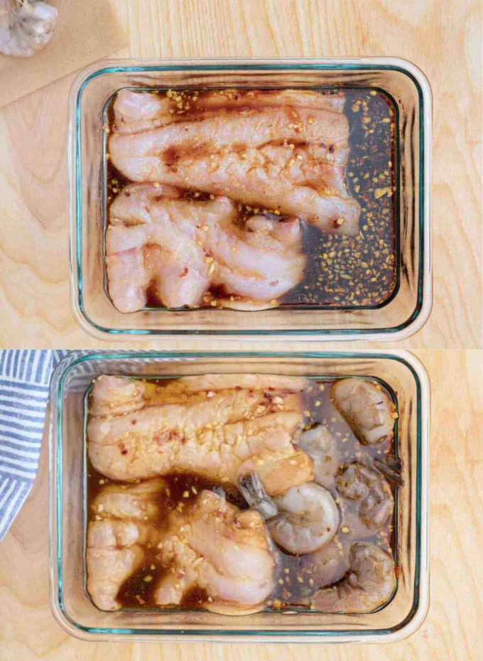 two images of the Alaskan rockfish marinating and the shrimp and rockfish marinating