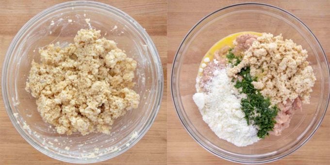 two pictures, one of the bread crumbs soaking in milk and the other of all the ingredients in a bowl