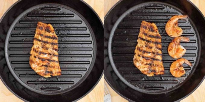 two images, one of the rockfish in a grill pan, and one of the rockfish and shrimp in the grill pan