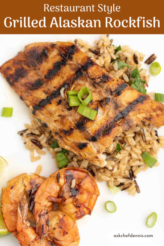 Pinterest image for grilled alaskan rockfish with shrimp