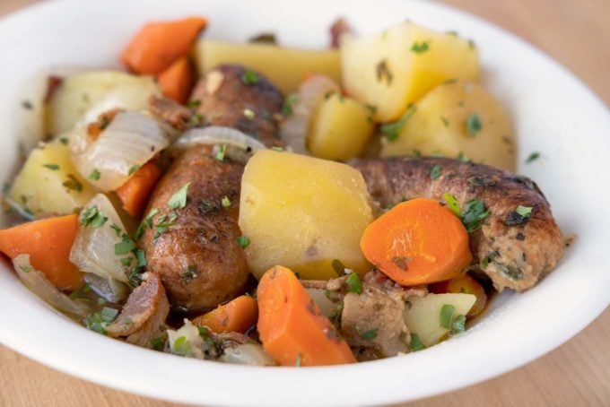 close up of Dublin Coddle in a white bowl