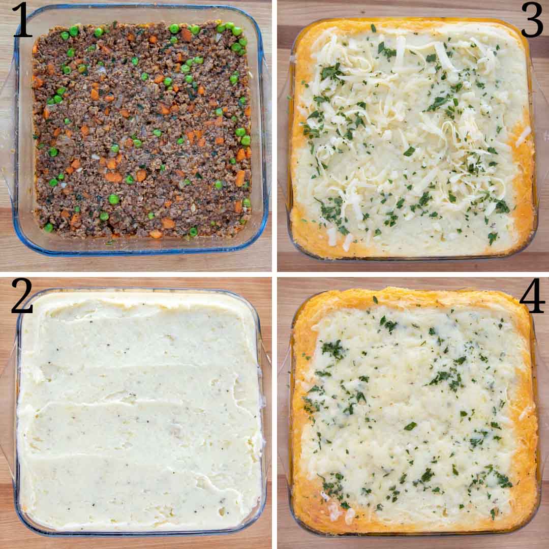 Collage showing assembly of cottage pie