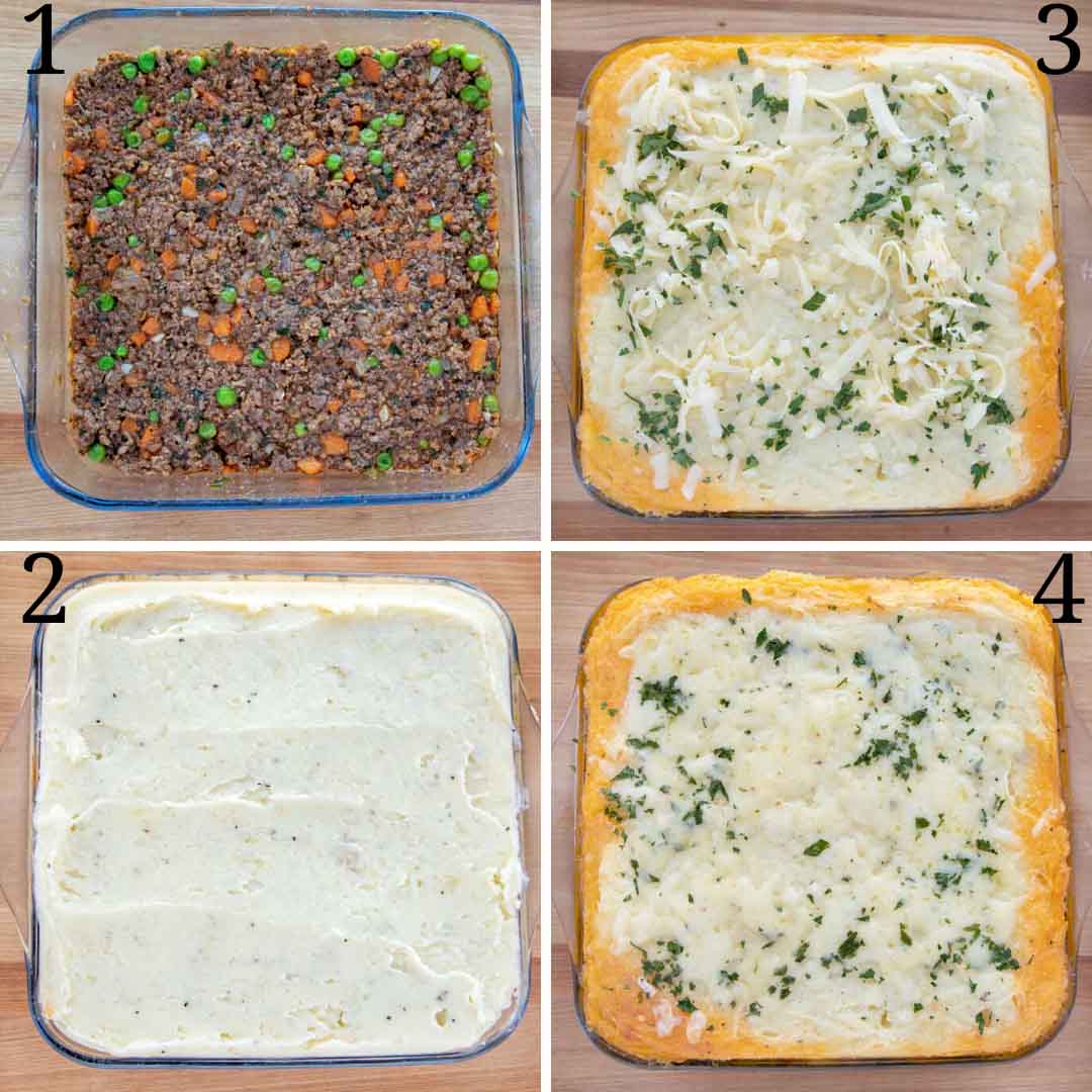 Collage showing assembly of cottage pie.