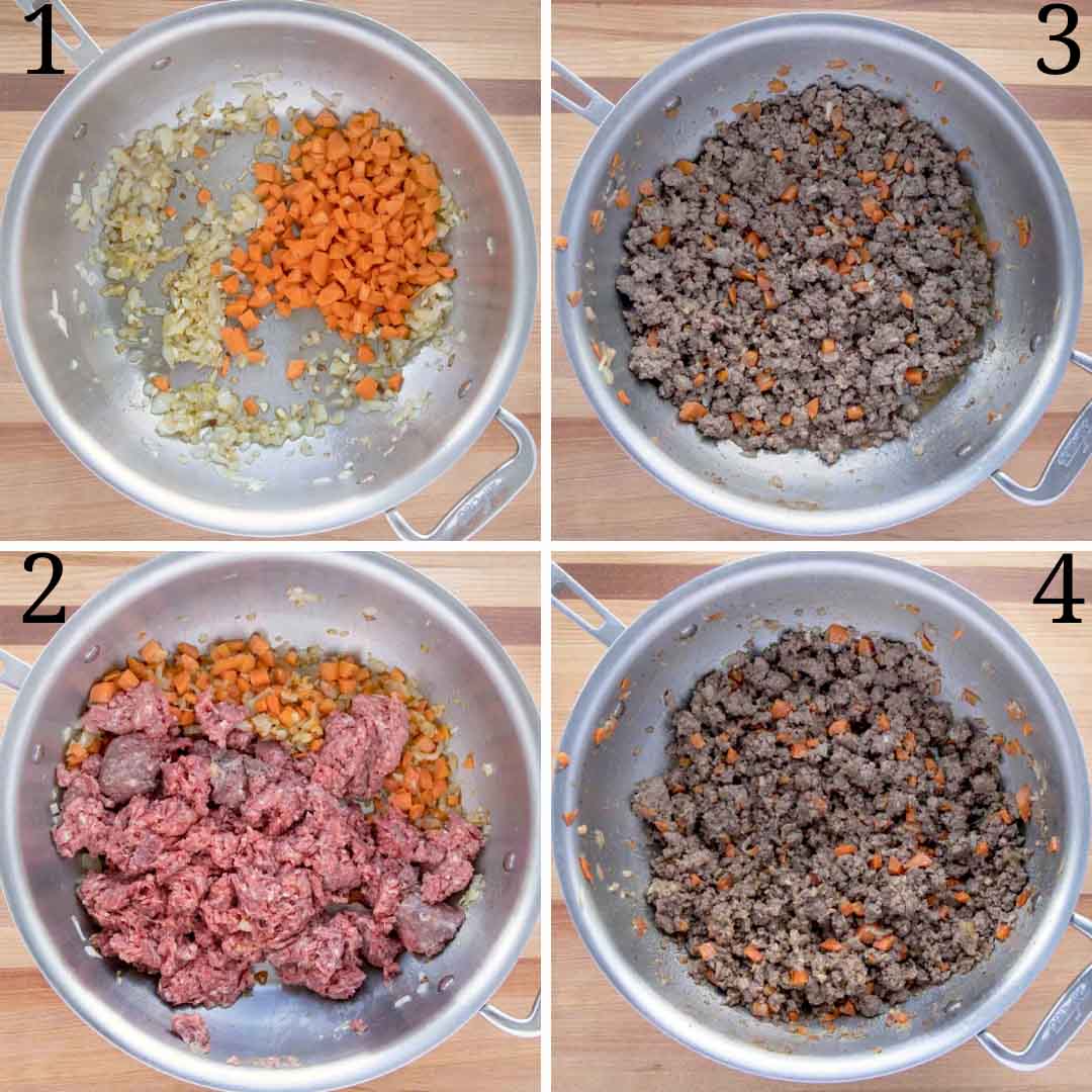 Collage of four images of cooking steps including carrots and ground beef.