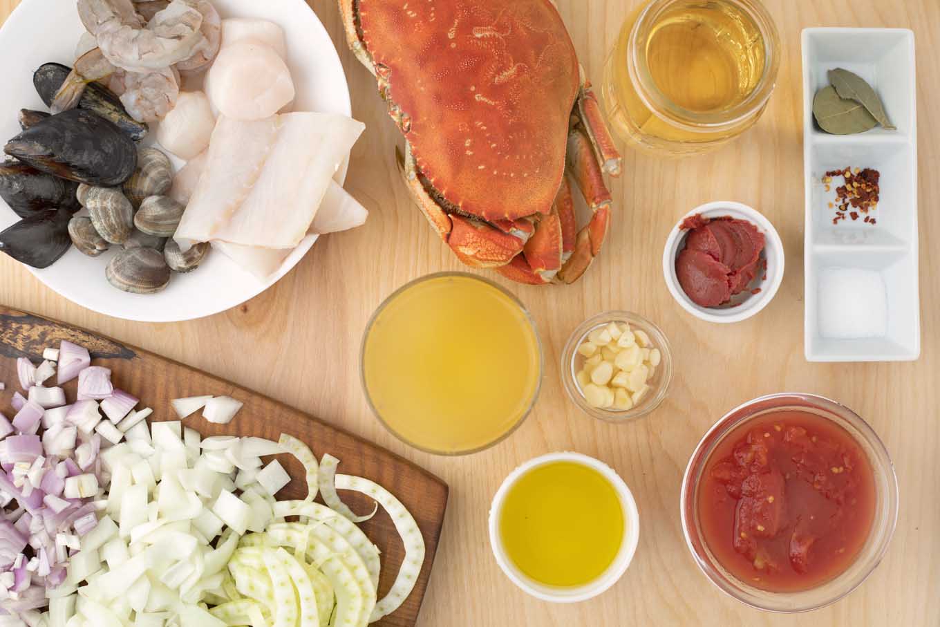 overhead view of Ingredients to make cioppino