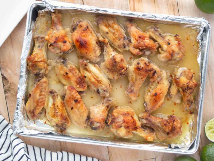 baked drunken chicken wings on a sheet pan