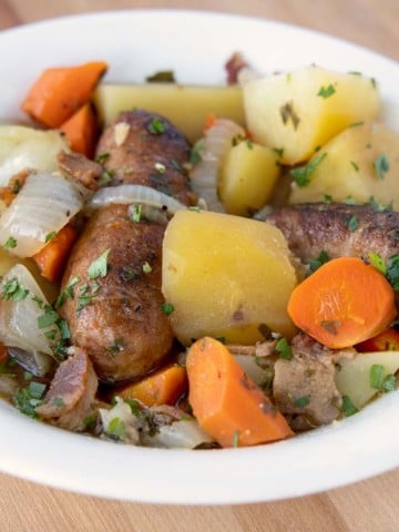 dublin coddle in a white bowl