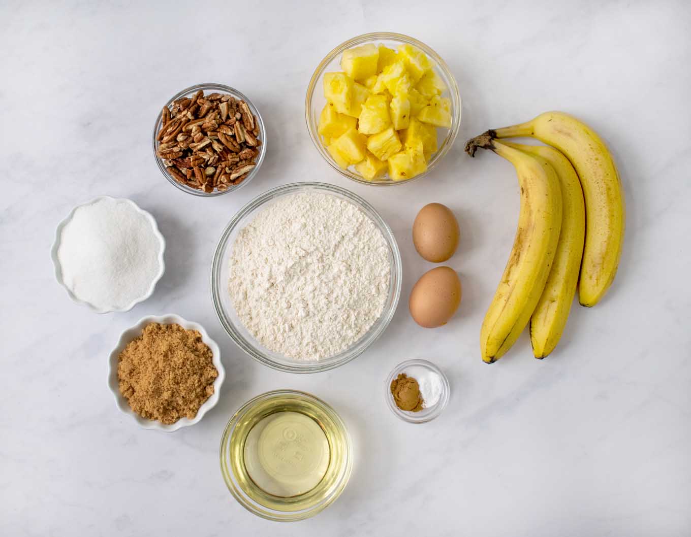 overhead view of ingredients to make a hummingbird cake