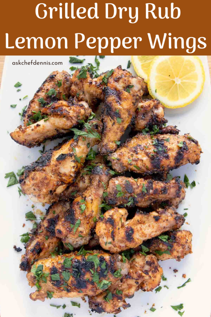 Pinterest image for grilled dry rub lemon pepper chicken wings