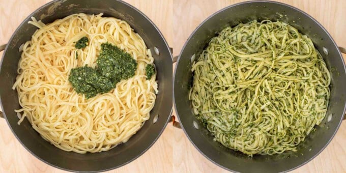 2 images of adding pesto to the cooked pasta
