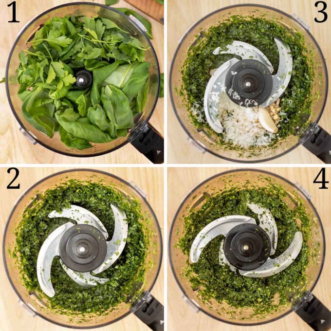 a collage of images showing the four steps in making pesto