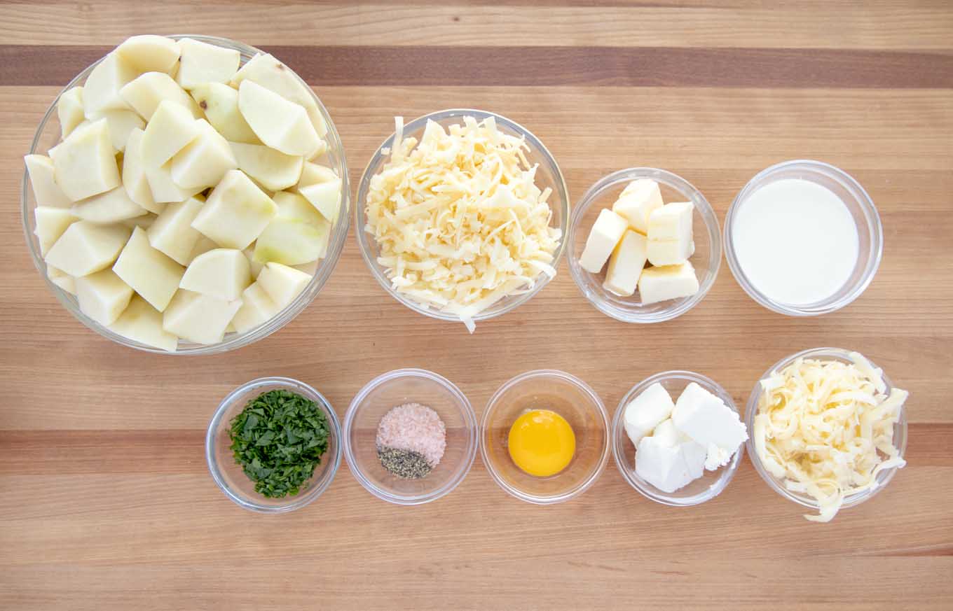 Ingredients to make mashed potatoes for recipe.